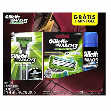 Kit Gillette Mach3 Sensitive Aparelho de Barbear + 2 Cargas Grátis Mini Gel 71g