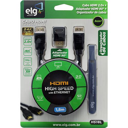 Kit HDMI - Cabo HDMI High Speed 1,8m + Adaptador HDMI 90° + Organizador de Cabos Tipo Velcro - Hs18l - ELG