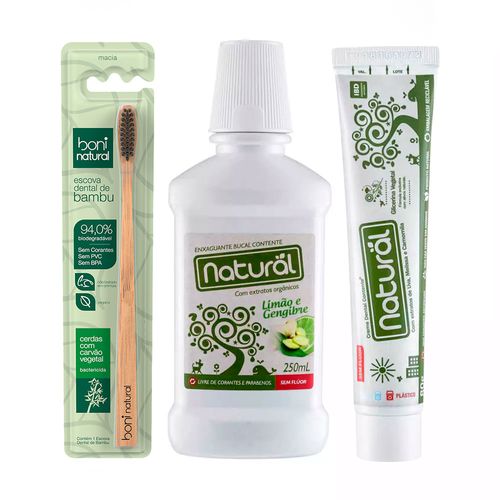 Kit Higiene Bucal Natural com 1 Escova + Pasta Dental e Enxaguante Bucal Natural