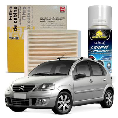 Kit Higienização Limpa Ar Condicionado + Filtro de Ar da Cabine Citroen C3 2003 a 2012