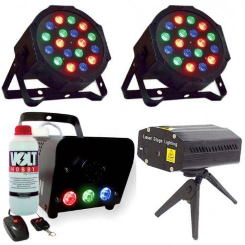 Kit Iluminação FESTA DJ 2 Refletores Led Par - LASER Holográfico Máquina Fumaça LED + Líquido FOG