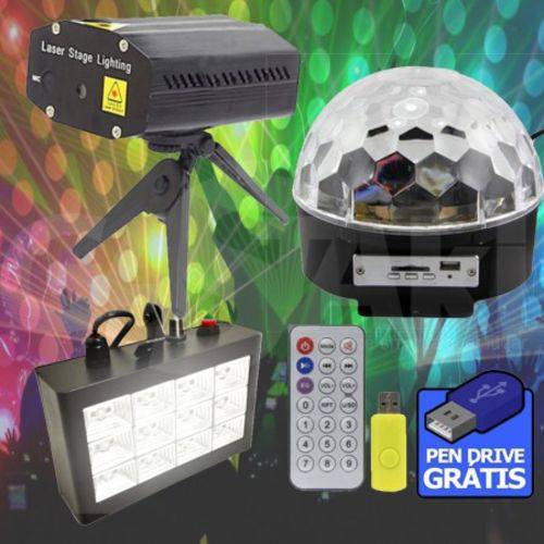 Kit Iluminação para Festa DJ Balada Globo de Luz Laser e Strobo - Produtos BIVOLT Automático