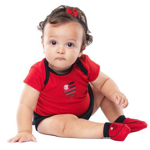 Kit Infantil Torcida Baby Flamengo Menina Curto Macacão+ Faixa + Pantufa