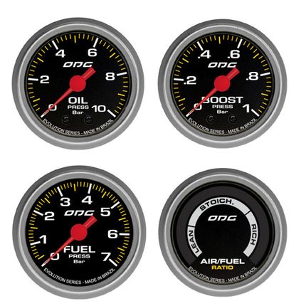 Kit Instrumentos ODG Evolution 52mm: Turbo 1 Bar + Combustível 7 Bar + Óleo 10 Bar + Hallmeter - GRÁTIS: 4 Suportes 52mm Giratórios 360°