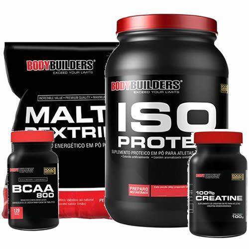 Kit Iso Protein - 900g Baunilha + Maltodextrina 1000g Tangerina + BCAA 800 120 Tab + 100% Creatine 100g - BodyBuilders