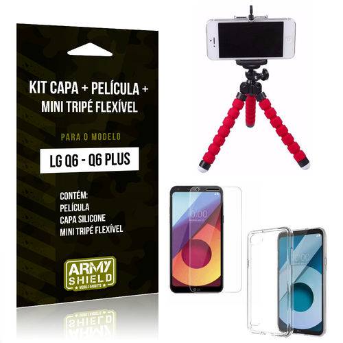 Kit LG Q6 - Q6 Plus Capa Silicone + Película de Vidro + Mini Tripé Flexível - Armyshield