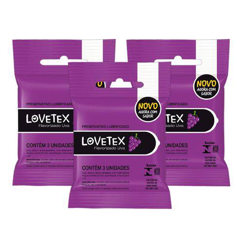 Kit Lovetex Preservativo Lubrificado Sabor Uva - 3 Unid.