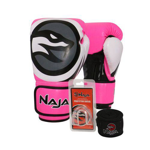 Kit Luva de Boxe + Bandagem + Protetor Bucal - Naja - Rosa Fluor