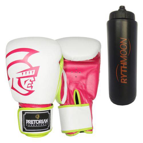 Kit Luva de Boxe Pretorian Training Branco e Pink 10oz + Squeeze Automático 1lt