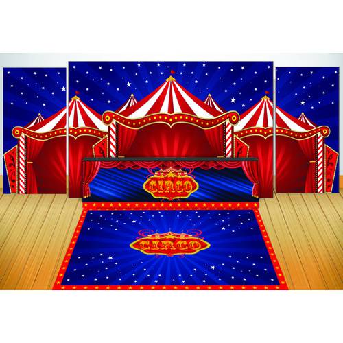 Kit Luxo Circo Vermelho e Azul - 3 Painel de Festa + Saia de Mesa + Tapete