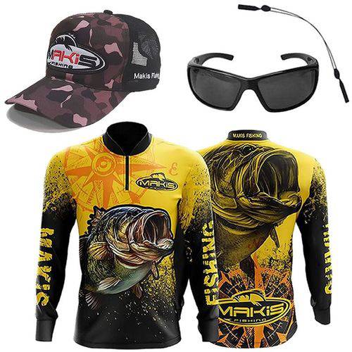 Kit Makis Fishing Boné Camuflado e Camisa de Pesca Amarela DryFit UV com Óculos Polarizado MS-2648 e Cordão Marine Sports
