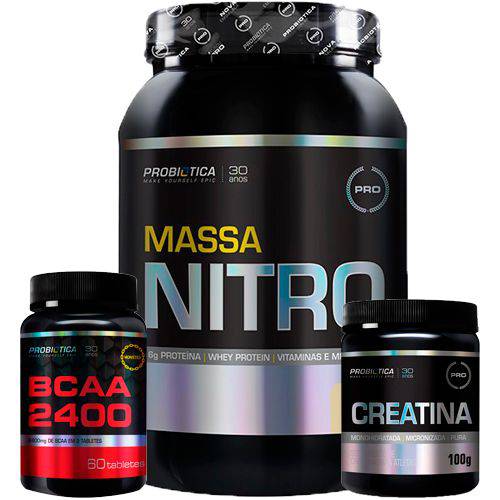 Kit Massa Nitro 1,4Kg + BCAA 2400 60 Tabletes + Creatina 100g Probiótica