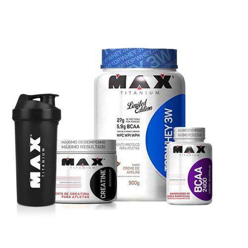 Kit Max Titanium - Top Whey 3w + Creatina + Bcaa + Coqueteleira Max Titanium