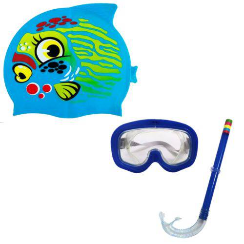 Kit Mergulho Natação Óculos + Touca de Silicone - Infantil - Azul Peixe