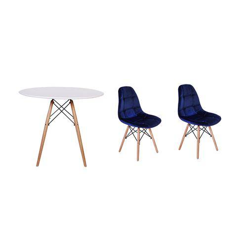 Kit Mesa Jantar Eiffel 100cm Branca + 02 Cadeiras Botonê Veludo - Azul Marinho