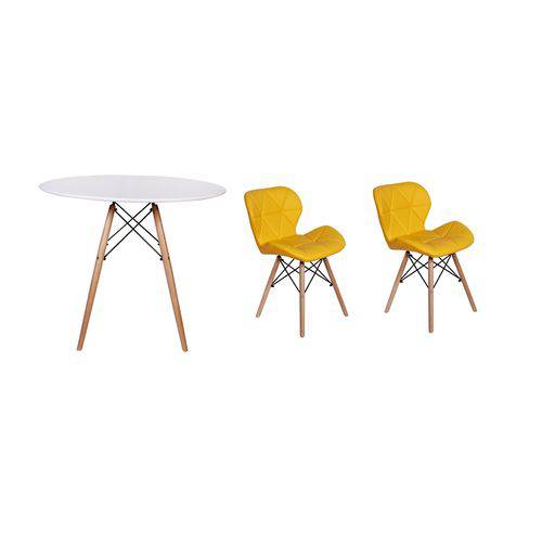 Kit Mesa Jantar Eiffel 80cm Branca + 02 Cadeiras Slim - Amarela