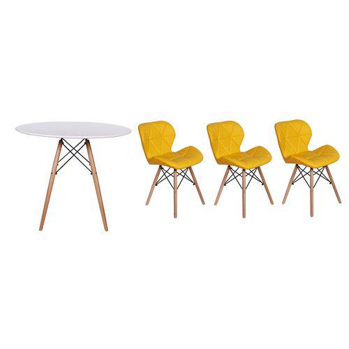 Kit Mesa Jantar Eiffel 90cm Branca + 03 Cadeiras Slim - Amarela
