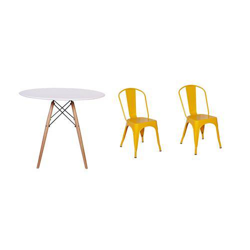 Kit Mesa Jantar Eiffel 80cm Branca + 02 Cadeiras Tolix - Amarela