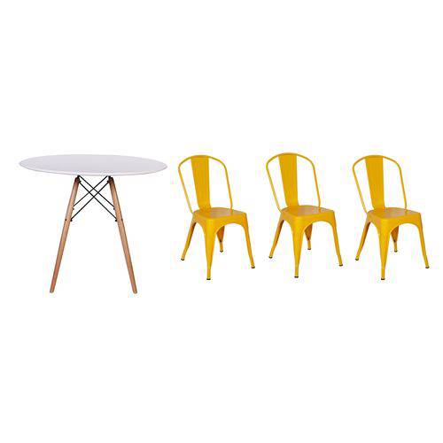 Kit Mesa Jantar Eiffel 80cm Branca + 03 Cadeiras Tolix - Amarela