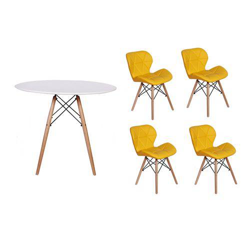 Kit Mesa Jantar Eiffel 90cm Branca + 04 Cadeiras Slim - Amarela