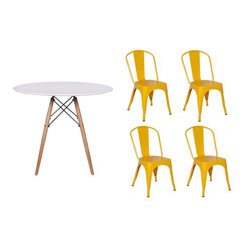 Kit Mesa Jantar Eiffel 80cm Branca + 04 Cadeiras Tolix - Amarela