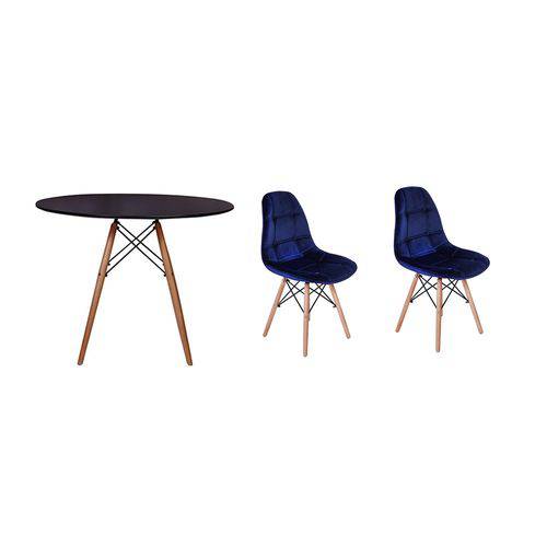 Kit Mesa Jantar Eiffel 80cm Preta + 02 Cadeiras Botonê Veludo - Azul Marinho