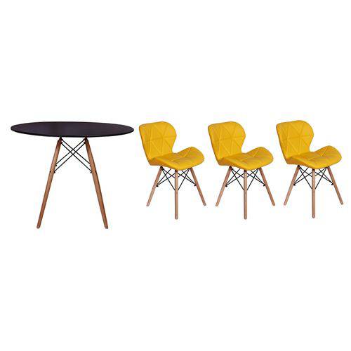 Kit Mesa Jantar Eiffel 100cm Preta + 03 Cadeiras Slim - Amarela