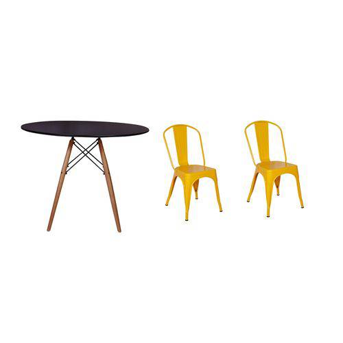 Kit Mesa Jantar Eiffel 80cm Preta + 02 Cadeiras Tolix - Amarela
