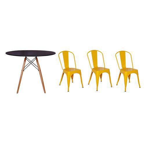 Kit Mesa Jantar Eiffel 80cm Preta + 03 Cadeiras Tolix - Amarela