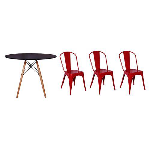 Kit Mesa Jantar Eiffel 90cm Preta + 03 Cadeiras Tolix - Vermelha