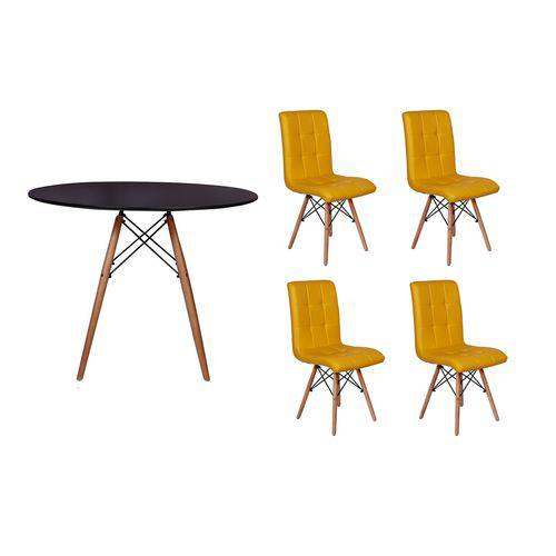 Kit Mesa Jantar Eiffel 100cm Preta + 04 Cadeiras Gomos - Amarela