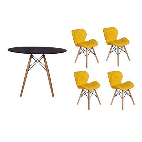Kit Mesa Jantar Eiffel 90cm Preta + 04 Cadeiras Slim - Amarela