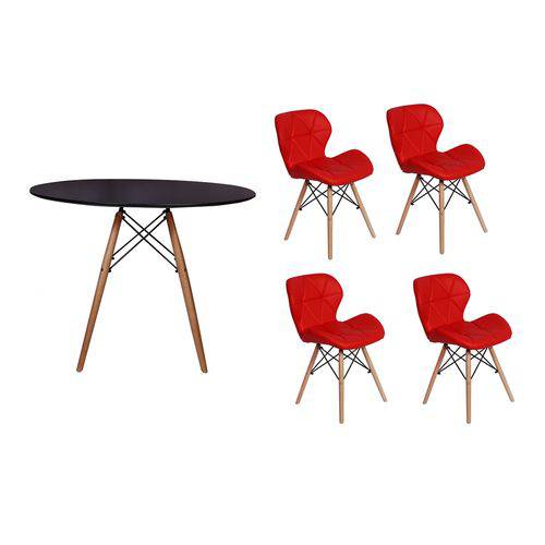 Kit Mesa Jantar Eiffel 100cm Preta + 04 Cadeiras Slim - Vermelha