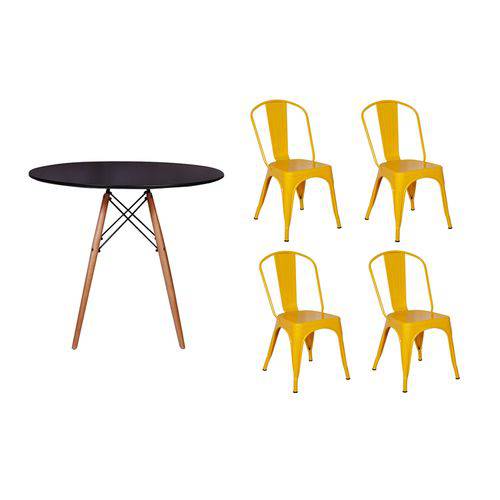 Kit Mesa Jantar Eiffel 80cm Preta + 04 Cadeiras Tolix - Amarela
