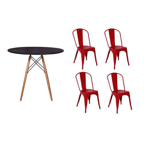 Kit Mesa Jantar Eiffel 80cm Preta + 04 Cadeiras Tolix - Vermelha