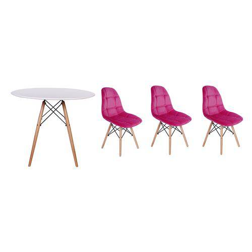 Kit Mesa Jantar Eiffel 120cm Branca + 03 Cadeiras Botonê Veludo - Rosa