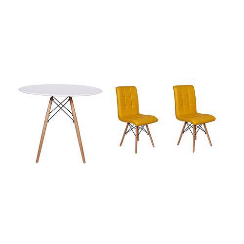 Kit Mesa Jantar Eiffel 80cm Branca + 02 Cadeiras Gomos - Amarela