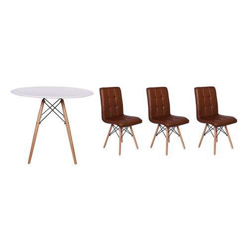 Kit Mesa Jantar Eiffel 80cm Branca + 03 Cadeiras Gomos - Marrom