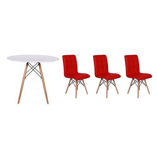 Kit Mesa Jantar Eiffel 90cm Branca + 03 Cadeiras Gomos - Vermelha