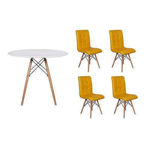 Kit Mesa Jantar Eiffel 80cm Branca + 04 Cadeiras Gomos - Amarela