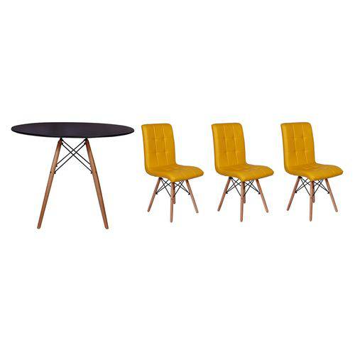 Kit Mesa Jantar Eiffel 120cm Preta + 03 Cadeiras Gomos - Amarela