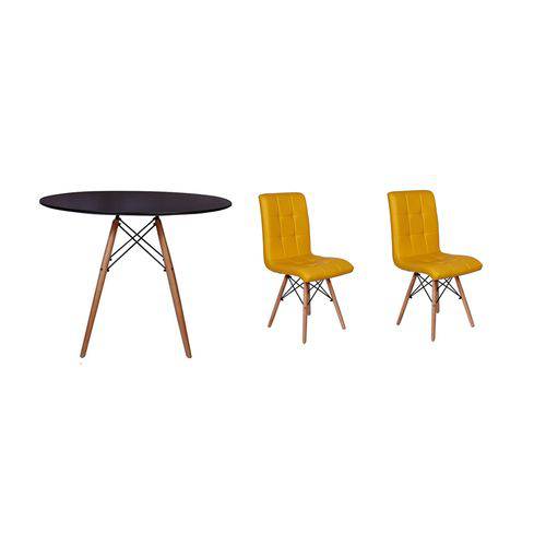 Kit Mesa Jantar Eiffel 80cm Preta + 02 Cadeiras Gomos - Amarela