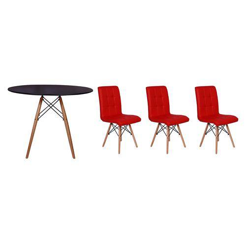 Kit Mesa Jantar Eiffel 80cm Preta + 03 Cadeiras Gomos - Vermelha