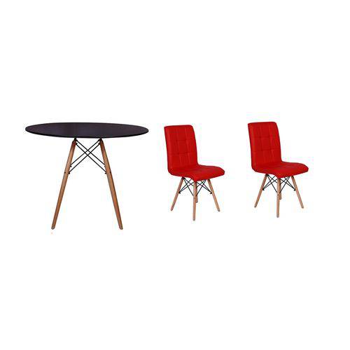 Kit Mesa Jantar Eiffel 80cm Preta + 02 Cadeiras Gomos - Vermelha
