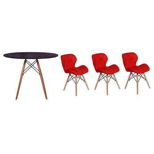 Kit Mesa Jantar Eiffel 90cm Preta + 03 Cadeiras Slim - Vermelha