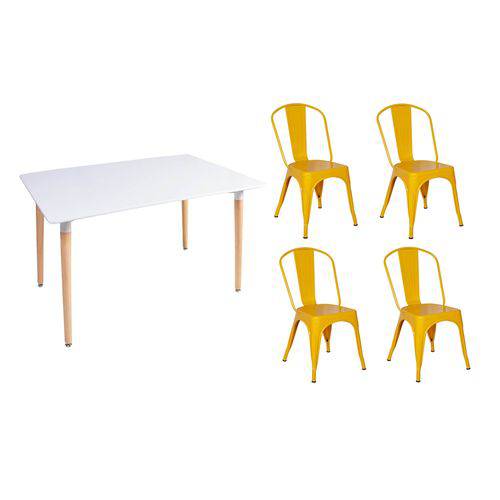Kit Mesa Jantar Eiffel 120x80 Branca + 04 Cadeiras Tolix - Amarela