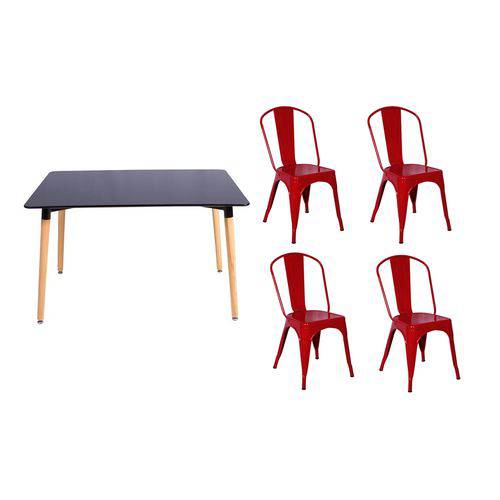 Kit Mesa Jantar Eiffel 120x80 Preta + 04 Cadeiras Tolix - Vermelha