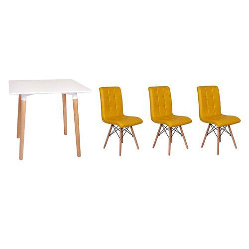 Kit Mesa Jantar Eiffel 80x80 Branca + 03 Cadeiras Gomos - Amarela