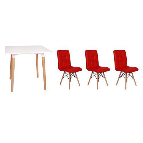Kit Mesa Jantar Eiffel 80x80 Branca + 03 Cadeiras Gomos - Vermelha