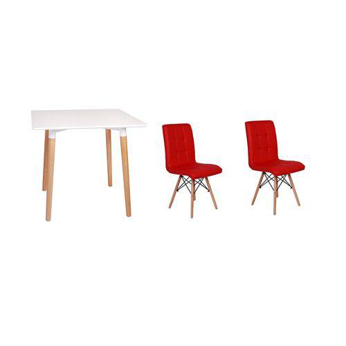 Kit Mesa Jantar Eiffel 80x80 Branca + 02 Cadeiras Gomos - Vermelha